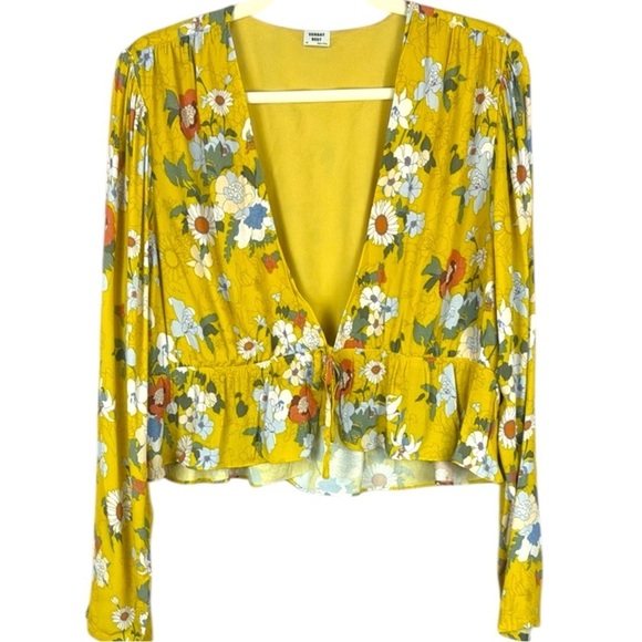 Sunday Best Tops - Sunday Best Cropped Yellow Floral Long Sleeve Tie Front Blouse Size 1X